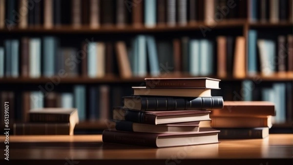 Fototapeta Stack of books on wooden table and blurred bookshelf in library room