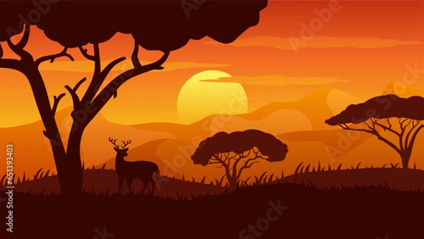 Obraz Wektorowa ilustracja dzikiej przyrody Savanna. Krajobraz Savannah dla tła, tapety lub strony docelowej. Ilustracja przyrody krajobrazu ze stylem gradientu koloru. Jelenie w afrykańskiej dzikiej przyrodzie