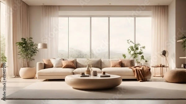 Fototapeta Modern Aesthetic Minimalist Living Room interior design with an open floor plan, seamlessly blending the living and dining areas - Generative AI