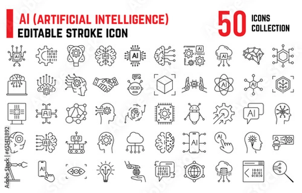 Fototapeta Set of 50 AI Artificial Intelligence Editable Icon Set. AI icons includes machine learning, cloud computing, AI technology, future, robots, chat boots, big data. AI Line Icons