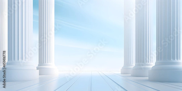 Fototapeta Beautiful airy widescreen minimalistic white and light blue architectural background banner with marble columns