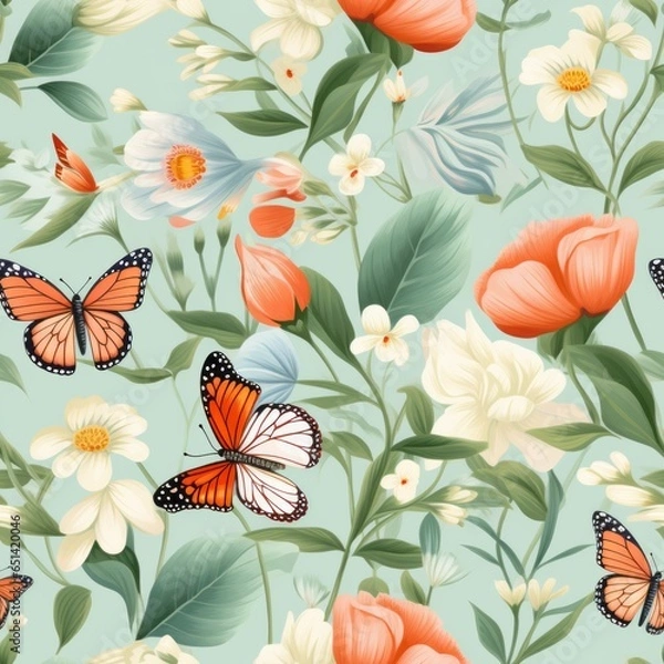 Obraz seamless pattern flowers and butterflies