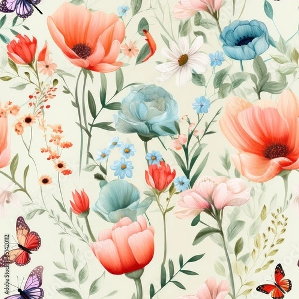 Obraz seamless pattern flowers and butterflies