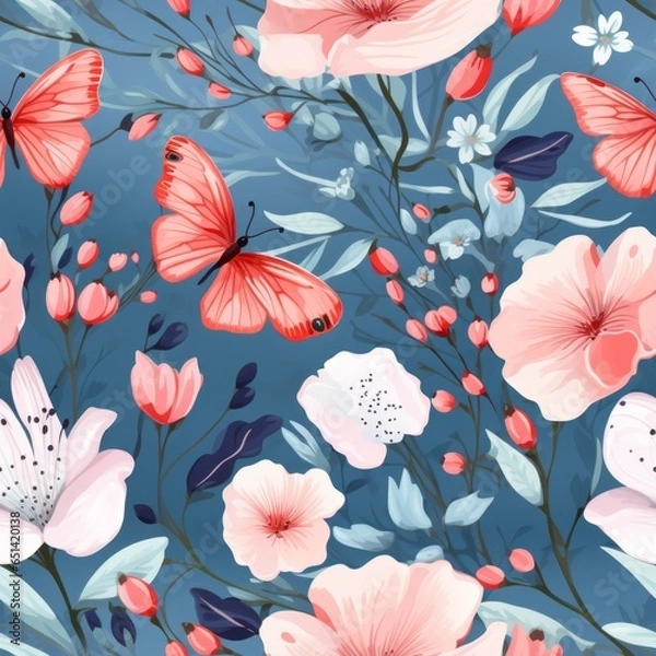 Obraz seamless pattern flowers and butterflies