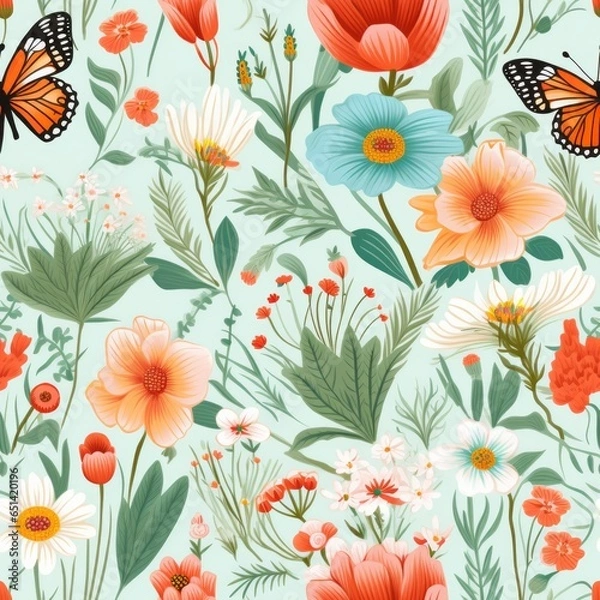 Obraz seamless pattern flowers and butterflies