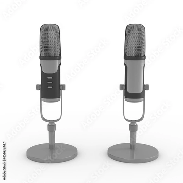 Obraz Isolated microphone on white background. 3D rendering. Front and back view.
