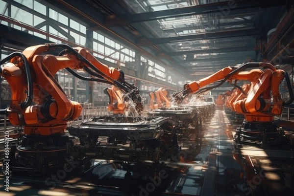 Fototapeta Smart factory solutions, boosting efficiency and productivity in industry 4.0, artificial intelligence in automotive design, revolution in vehicle technology, innovative high-tech, Generative AI.