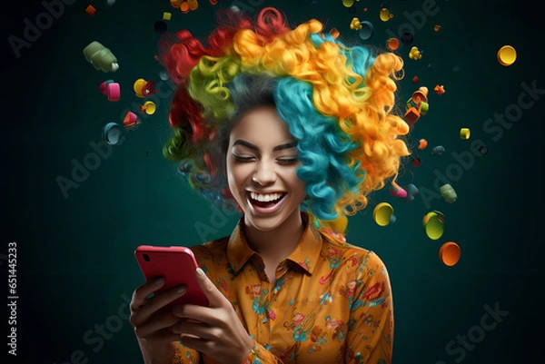 Fototapeta Joyful screaming female model, colorful hair, posing,  - The Rainbow Powder Series