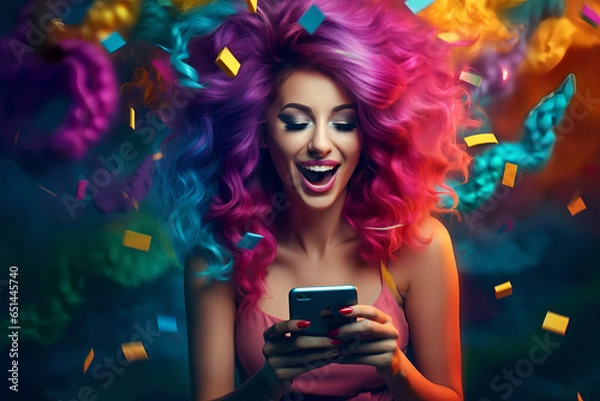 Fototapeta Joyful screaming female model, colorful hair, posing,  - The Rainbow Powder Series