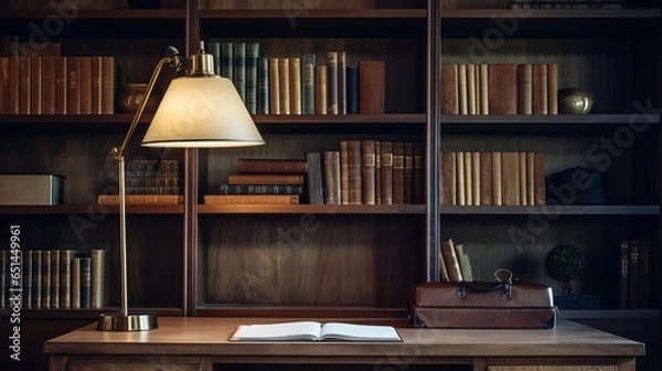 Fototapeta Office with a wooden interior. Stylish lamp and desk. Generative AI