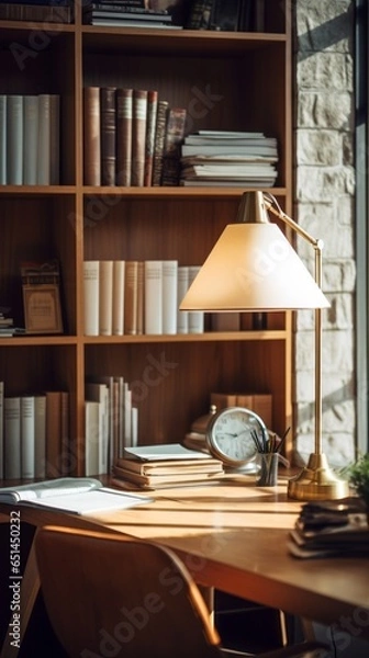 Fototapeta Office with a wooden interior. Stylish lamp and desk. Generative AI