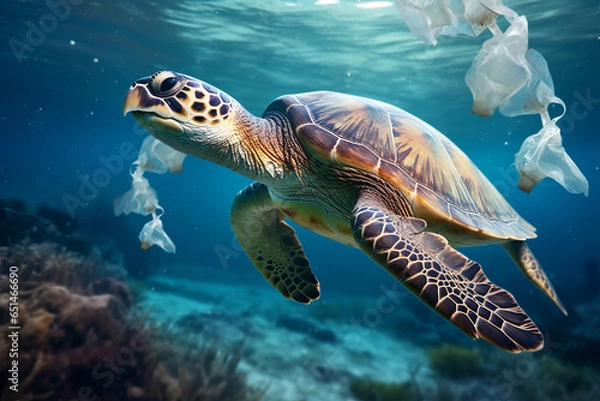 Fototapeta Sea Turtles can eat plastic bags mistaking them for jellyfish.Environmental issue of plastic pollution problem.generative ai
