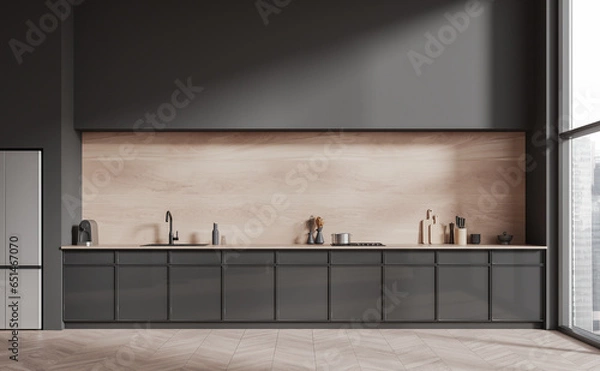 Obraz Gray kitchen interior with cabinets and fridge