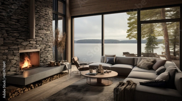 Fototapeta Nordic Lakeside Cottage Lounge Inspired by lakeside cottages, with wooden paneling, a stone fireplace, and comfortable seating with lake views