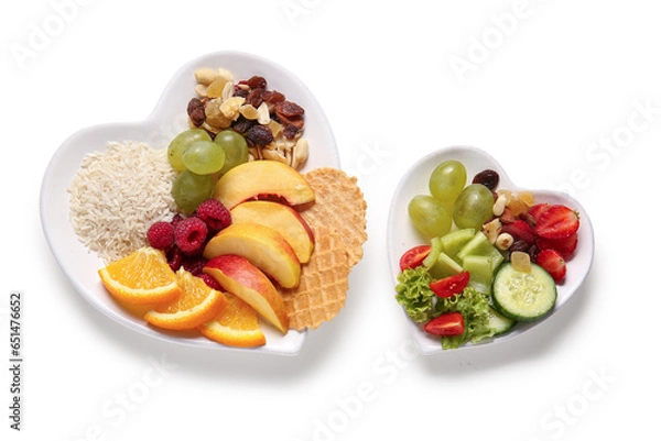 Fototapeta Plates with fresh healthy products on white background. Diet concept