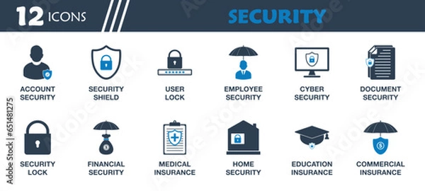 Fototapeta Security Icon Set. Collection of User Lock, Shield, Employee, Cyber, Financial, Education, Home, Account Safety, Medical Insurance and More Icons. Editable Flat Vector Illustration.