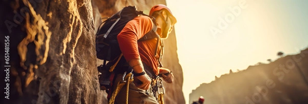 Fototapeta Climber near the mountain top, beautiful landscape in the sun - The Climbing Sports Series