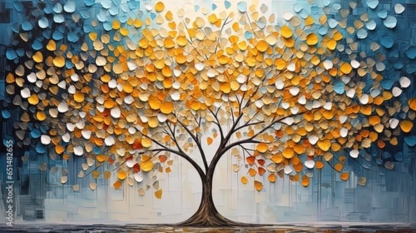 Obraz Colorful leaves forming a Tree of Life. Yellow Tree blue abstract background, Dark gold and aquamarine, eco, earthy color palettes, textured illustration.
