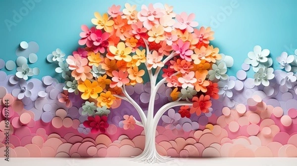 Obraz Artificial tree made of colorful paper flowers on pastel background.  

