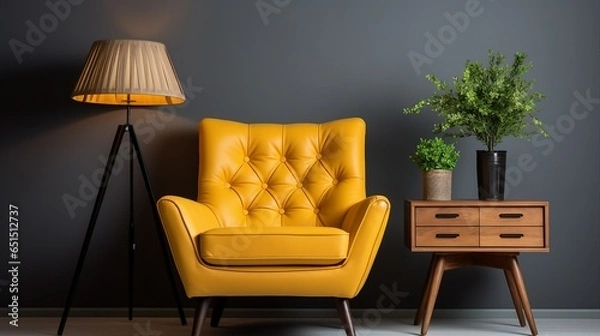 Obraz Armchair and coffee table with lamp near wall.