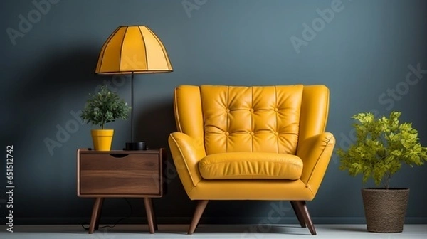 Obraz Armchair and coffee table with lamp near wall.