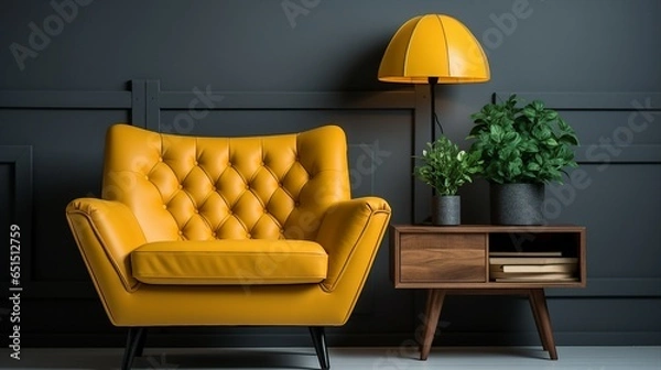 Obraz Armchair and coffee table with lamp near wall.