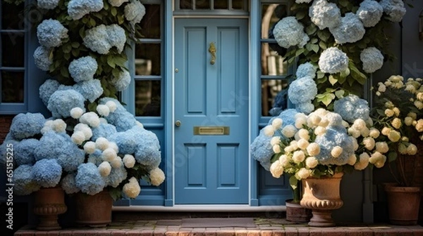 Obraz blue front door of house in large house with flowers in pots.