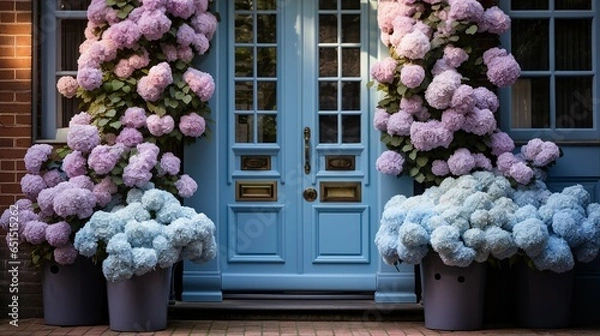 Obraz blue front door of house in large house with flowers in pots.