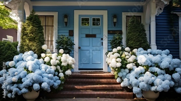 Obraz blue front door of house in large house with flowers in pots.