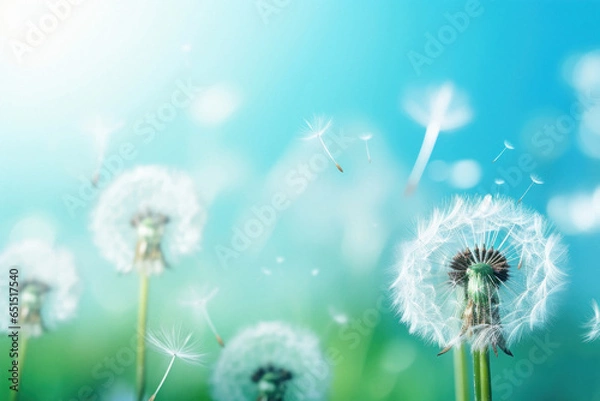 Obraz Beautiful puffy dandelions and flying seeds