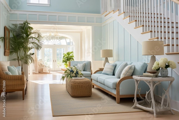 Fototapeta Seaside Serenity: A Timeless Coastal Retreat with Elegant Nautical Style, Captivating Oceanic Hues, and Serene Maritime Accents in a Coastal-inspired Hallway Interior.