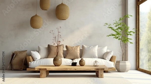 Obraz Rustic interior design of modern living room with beige fabric sofa and cushions.