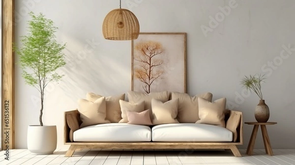 Obraz Rustic interior design of modern living room with beige fabric sofa and cushions.