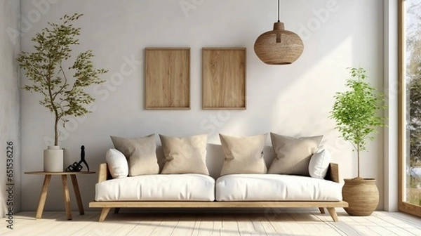 Obraz Rustic interior design of modern living room with beige fabric sofa and cushions.