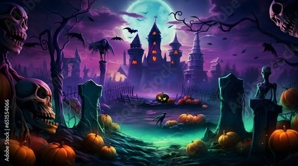 Fototapeta Halloween background with pumpkins and castle, 3d render illustration. Night forrest. Holiday event halloween banner background concept