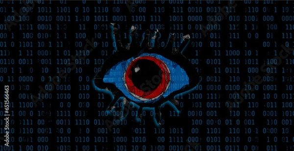 Fototapeta Big eyes with 0 and 1 pattern in front of binary background. Will artificial intelligence develop into an eye in the sky and become a big brother watching you like the novel "1984"?