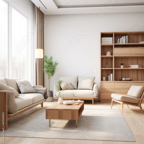 Obraz Close up of wooden round coffee table near beige fabric mid-century armchair. Scandinavian style home interior design of modern living room. Created with generative AI
