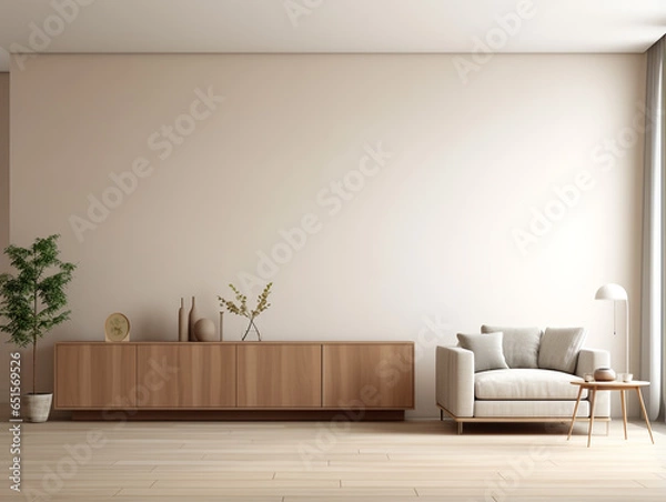 Fototapeta Close up of wooden round coffee table near beige fabric mid-century armchair. Scandinavian style home interior design of modern living room. Created with generative AI
