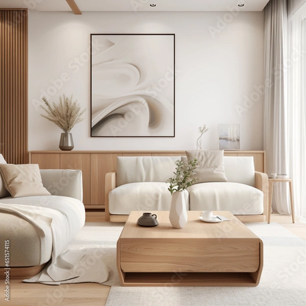 Fototapeta Wooden unit in spacious room. Scandinavian home interior design of modern living room. Created with generative AI