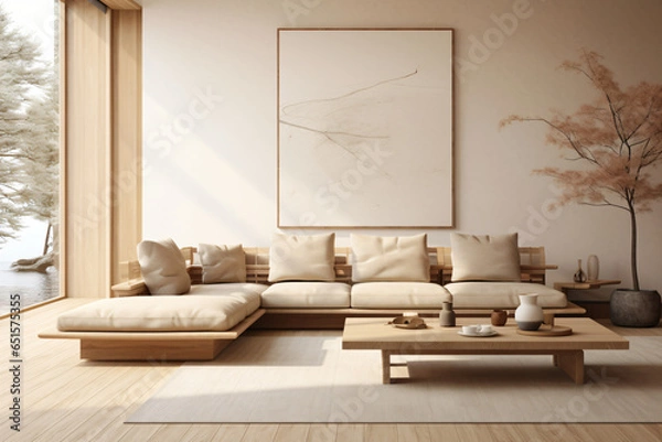 Fototapeta Japandi-inspired living roomมdecor features a selection of natural materials and a soothing neutral color palette, accompanied by minimalist furniture,Japanese simplicity 