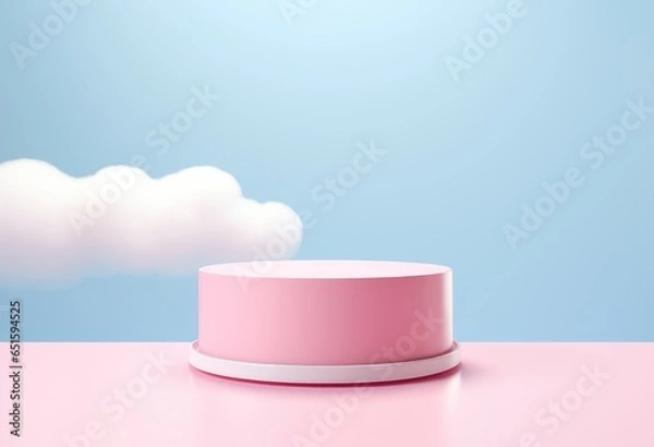Fototapeta Cake shape product presentation stage podium with cotton candy on pastel color background.