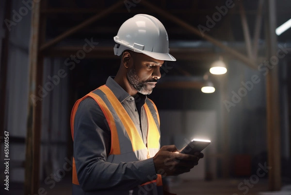 Fototapeta Professional male engineer worker in hard hat use tablet computer while working on factory. Black man worker on manufacture