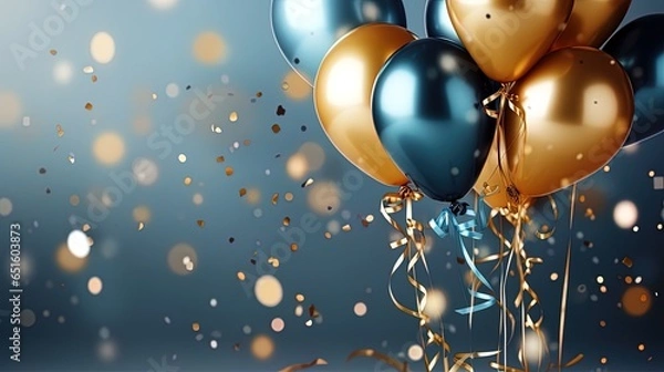Obraz Holiday background with golden and blue metallic balloons, confetti and ribbons. Festive card for birthday party, anniversary, new year, christmas or other events
