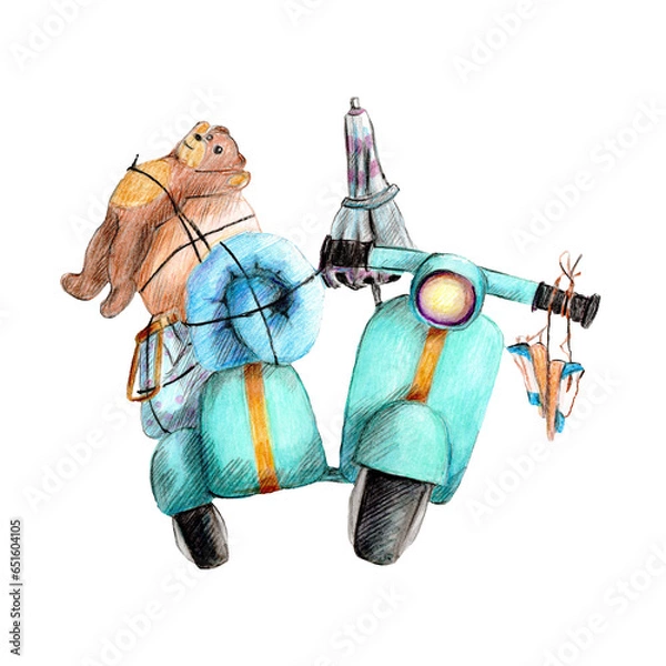 Obraz watercolor illustration cheerful blue motorcycle with a stroller and with things a bag,a blanket,an umbrella,a toy bear and sandals.for labels,stickers or emblems