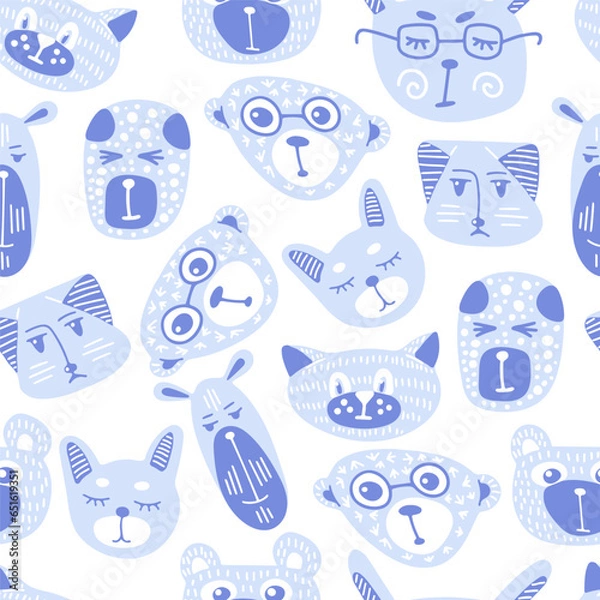 Fototapeta Seamless childish pattern with funny animals faces . Creative kids texture for fabric, wrapping, textile, wallpaper, apparel. Vector illustration