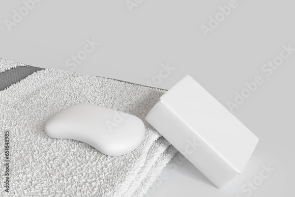 Obraz Soap and packaging on towel, Front view. for mockup design