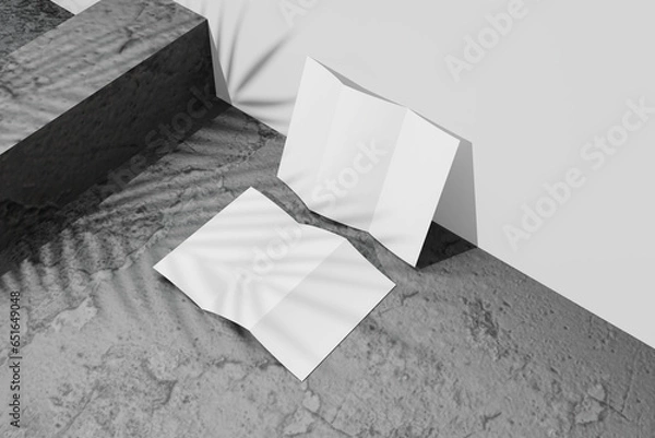 Obraz Open Blank Trifold brochure on grey background, top view. for mockup design