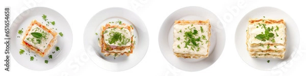 Fototapeta collation of tasty hot lasagna served with a basil leaf on a white plate. Italian cuisine, menu, and recipe Homemade meat lasagna. lesgane isolated on white or transparent background, top view.
