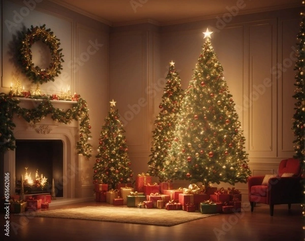 Obraz Cozy New Year interior with Christmas tree presents lights and fireplace
