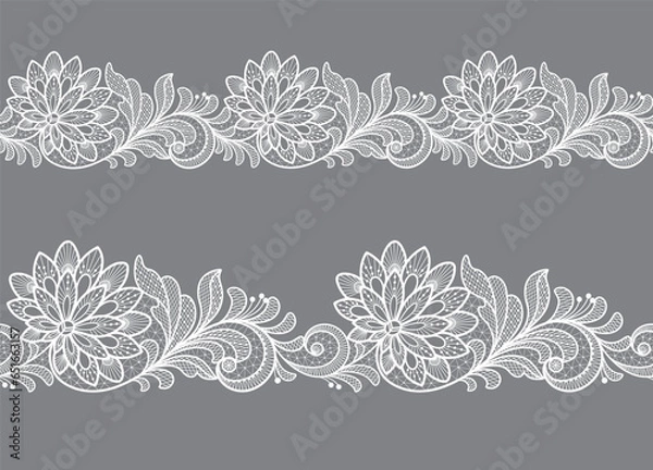 Fototapeta Seamless floral background with white lace leaves.Vector white lace branches with flowers